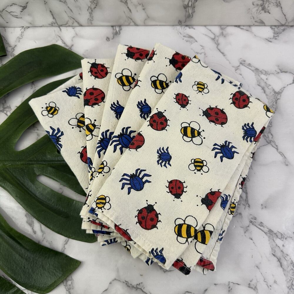 Kismet Vintage 90s Cloth Napkins Set of 5 White Ladybug Bee Insect Bugs Picnic